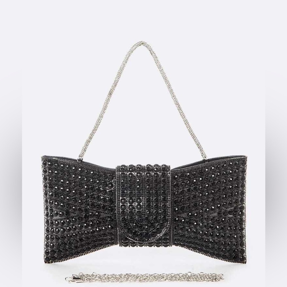 Elegant Black Rhinestone Pave Stone Bow Tie Clutch Bag